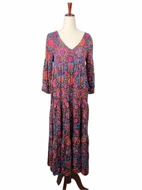 NATURAL LIFE Tiered Midi Dress Sz XS Dark Floral Hippie Boho Chic Peasant V-Neck